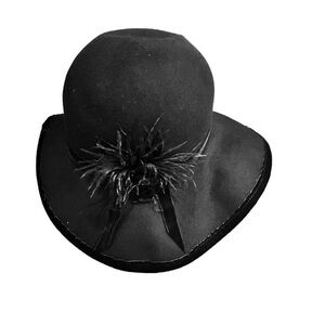 Maeve Carr Black Wide Brim Hat Wool ~Velvet Ribbon And Feather Trim~One Size